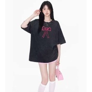 (F15) Short Sleeve T-Shirt With Round Neck Bow Print For Women Chubby Girls Can Wear.