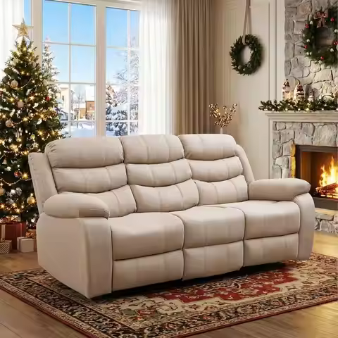 Faux Leather Reclining Sofa - 3 Seater Manual Recliner with Built-in Storage & Cup Holders, 3 Reclin