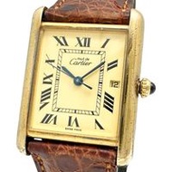 นาฬิกา Cartier Must Tank LM Vermeil W1017454 มือสอง ตัวเรือนเงิน 925 และสายหนังสีน้ำตาล หน้าปัดสีทอง