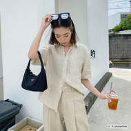 PLOWBRANDS - TS0016 Linen Boyfriend shirt เชิ้ตลินินแขนสั้น เชิ้ตทรงผู้ชายมีกระเป๋า ปักตัวย่อแบรนด์