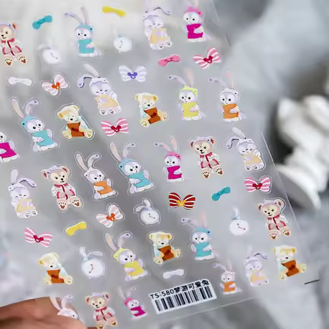 1PCS Embossed StellaLou Lilo and Stitch Nail Stickers Cute Mickey Strawberry Bear Nail Art Accessori