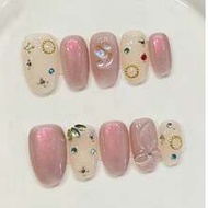 10PCS Short Oval Handmade Press On Nails For Party And Daily Wear , Pink Color Nails, Oval Nails, Fl