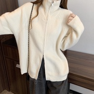 Áo Len Cardigan Dày Màu Đỏ Angola Dáng Rộng Cho Nữ Mùa Thu Đông Áo Khoác Ngoài Dệt Kim Dài Tay Cổ Po