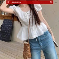 Sherry puff-sleeved shirt with cut-out waist, women's short sleeve shirt with square neck, drawstrin