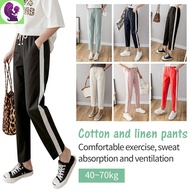 Summer Women Pants Thin Straight Loose Plus Size Nine-point Pants Women's Striped Solid Color Casual Pocket Long Trousers Ladies Work Office Cotton Linen Harlan Feet Pants