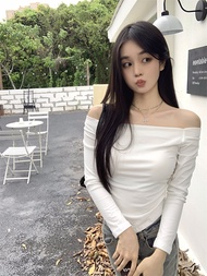 white july🌸พร้อมส่ง เสื้อยืดสวยๆผู้หญิง เสื้อยืดเข้ารูป เสื้อยืดแขนยาวเปิดไหล่ทรงเข้ารูป เสื้อเซ็กซี