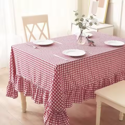 Red White Buffalo Plaid Christmas Tablecloth Ruffled Round/Rectangular Tablecover for Vintage Kitche