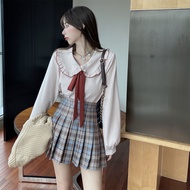 GUZILIAN | Bộ đồng phục học sinh Mỹ JK Bộ đồ mới cho nữ thu đông váy xếp ly áo khoác len kiểu Pháp q