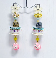 貓頭鷹 仿玉茶杯甜品耳環 fire king風格古董茶杯造型