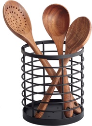 Utensil holder for Kitchen Counter - 5.2" x 5.2" x 6" Large Round Utensils Holder with Wooden Base M