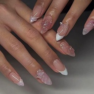 evpct 3D Nude Pink Handmade Press On Nails Almond Short 3D Flower Butterfly Design Fake Nails Rusabl