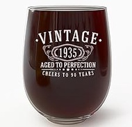 Vintage 1935 Etched 17oz Stemless Wine Glass β Happy 90th Birthday Gifts for Women Men, Cheers to Tu