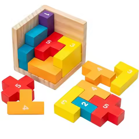 Colorful Blocks Wooden Brain Teaser Puzzle Logic Cube Challenging Games for Kids Boys Girls Adults I