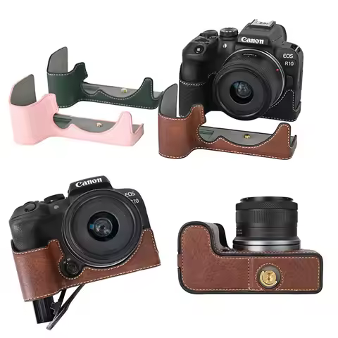 R10 Litchi Skin PU Leather Camera Half Case for Canon EOS R10 Bottom Opening Magnetic Cover
