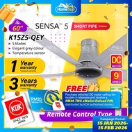KDK K15z5-qey Ceiling Fan – 60 Inch, Short Pipe, Dc, Temp Sens, Remote, Grey, Sensa 5, Kipas Siling