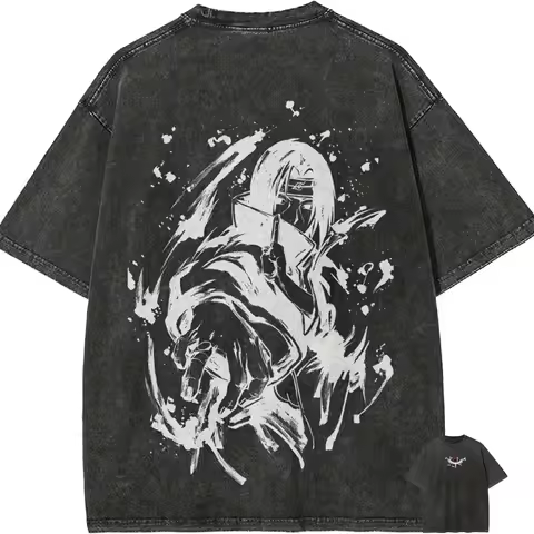 Itachi Uchiha T Shirt Naruto Men Acid Wash Anime Ink Splash Graphic Cotton Streetwear Akatsuki Manga