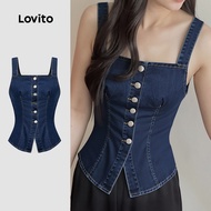 Lovito Casual Denim Top Button Split Spring/summer Dark Blue Denim Top for Women L155ED1644 Lovito T