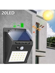 1顆黑色太陽能 LED 戶外壁燈，附 20 顆燈珠，塑膠材質，防水，包括人體感應功能，適用於庭院、車庫、外牆等