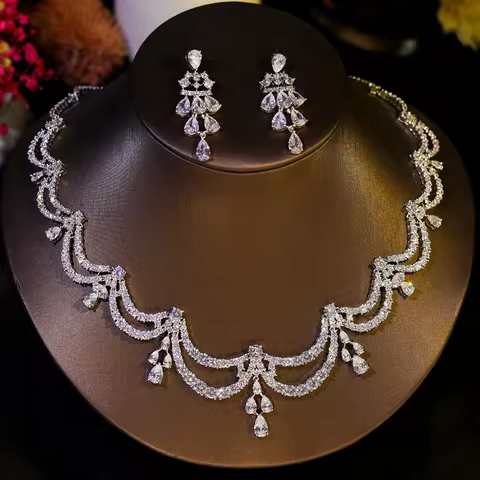 High Quality Two-layer Wavy Necklace Light Luxe Zircon Jewelry Set Bride Wedding Dress Accessories O