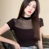 Mesh Stitching Half-Sleeved T-Shirt Women Korean Version Fashion Lace Pure Desire Women's Summer Hot Girl Niche Black Top Trendy