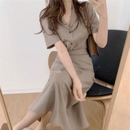KEMEJA Jolie Korean Set, Cream Shirt Blouse & Skirt, Women's Skirt Suit