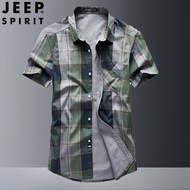JEEP SPIRIT เสื้อเชิ้ตแขนสั้นผู้ชายเชิ้ตลายทางผ้าคอตตอนลำลองกลางแจ้งเสื้อลายสก็อตแขนสั้น
