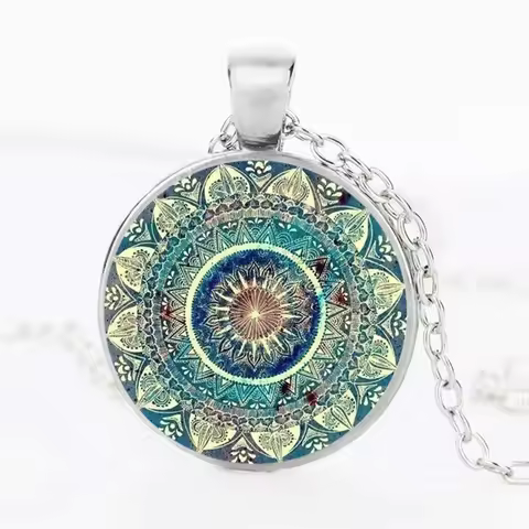 1pc Mandala Yoga Time Gemstone Necklace, Fashionable Glass Pendant Neck Chain Jewelry