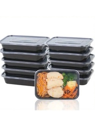 10入組一次性塑膠矩形食品盒,加厚包裝,黑色蓋子