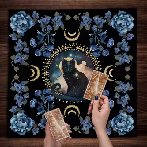 Mystical Cat Altar Cloth Moon Flower Tarot Spread Cloth Tarot Reading Cloth Botanical Tarot Mat Witc