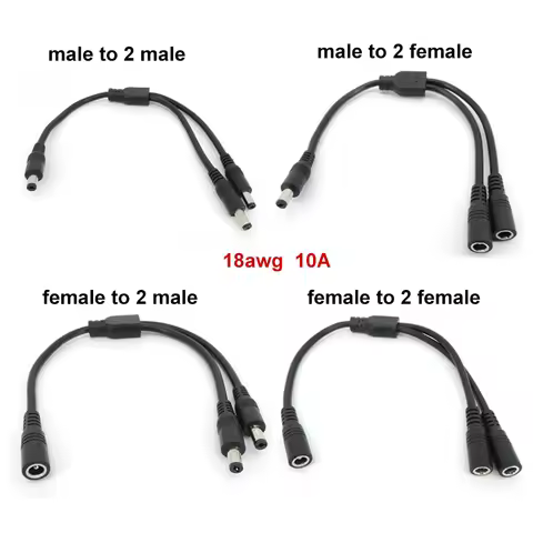18awg 10A 1-36v 2 way 1 male female to 2 male female DC Power supply adapter Cable 5.5mmx2.1mm Split