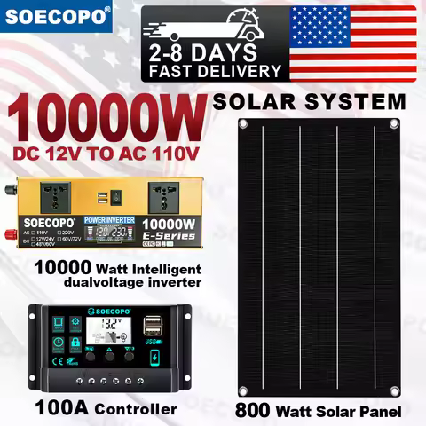 (US Stock) Solar System 10000W Complete Set Off Grid 800W Photovoltaic Panels Kit 12V 110V Power Inv