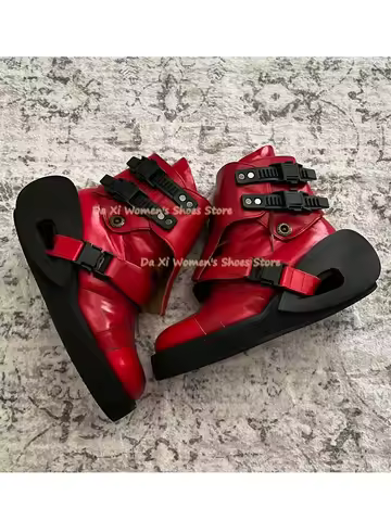 Red Patent Ankle Boots Techwear Multi Buckle Strap Cut Out Hollow Platform Sole Boots Y2K Gothic Mot