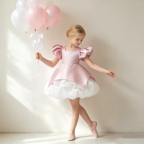 Girls' tulle princess dress birthday party dress piano emcee performance costume puff sleeve dress