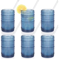 KMIGRUAN Large Hobnail Drinking Glasses Set of 6, 15oz Blue Vintage Glassware, Embossed Glass Cups, 