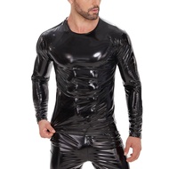 Men Sexy Leather T-Shirt, Plus Size S-7XL, Glossy PVC Leather, Full Zipper, Shiny Latex Long Sleeve 