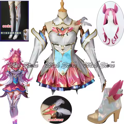Game LOL Star Guardian Kaisa Cosplay Costume Wig Full Set Outfit Skirts Socks Feather Headdress Hall