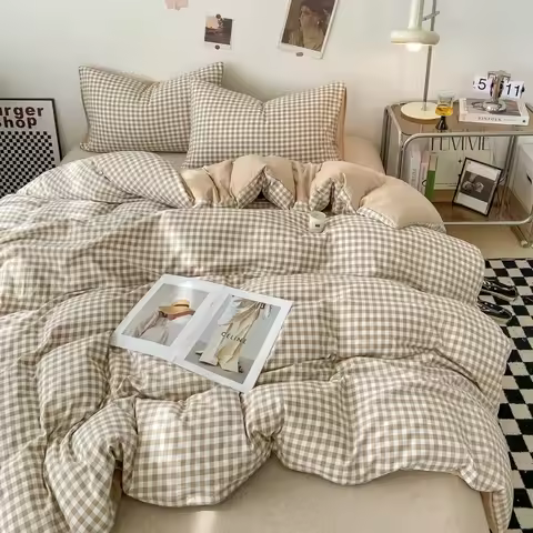 Japanese Style Check Queen Duvet Cover Set 1/3 Pcs Soft Washed Quilt Cover and Pillowcase or Only Qu