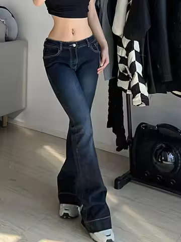 Kalevest Y2K High Street Low Rise Jeans Blue Women Pants Bootcut Pockets Jeans Streetwear Low Waist