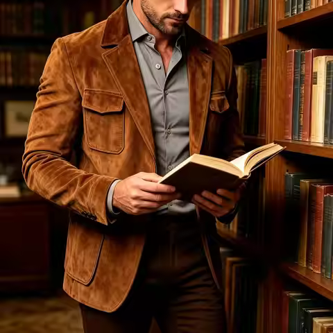 Men's Suede Safari Blazer Slim Fit Notch Lapel Multi-Pocket Hunting Jacket Autumn Winter Casual Busi