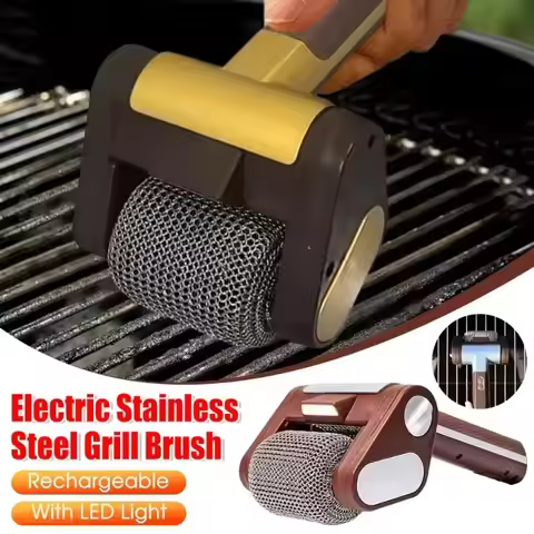 Electric Stainless Steel Grill Brush,Rechargeable Roller Type BBQ Grill Cleaner with LED Light,Wire 