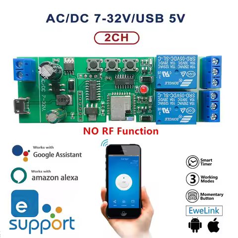 2CH Ewelink Smart Switch 2 Channel Wifi Relay Rolling Door Switch USB 5V DC 7-32V Motor Curtain Swit