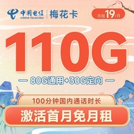 中国电信 电信流量卡5G手机卡低月租电话卡无限量全国通用不限速屠云梅花上网卡 梅花卡19元月租110G+100分钟