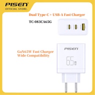 PISEN(TC-083CA65G) Dual Type C + USB A Fast Charger GaN 65W Fast Charger 3 พอร์ตความเข้ากันได้กว้าง