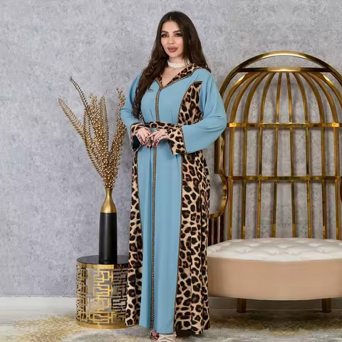 Middle Eastern Arab Muslim Fashion Long Skirt Women's V-neck Leopard Pattern Color blocked Long slee