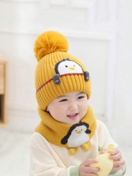 2件小企鵝黃色兒童帽子圍巾套裝,嬰兒加厚針織帽保暖寶寶針織帽秋冬