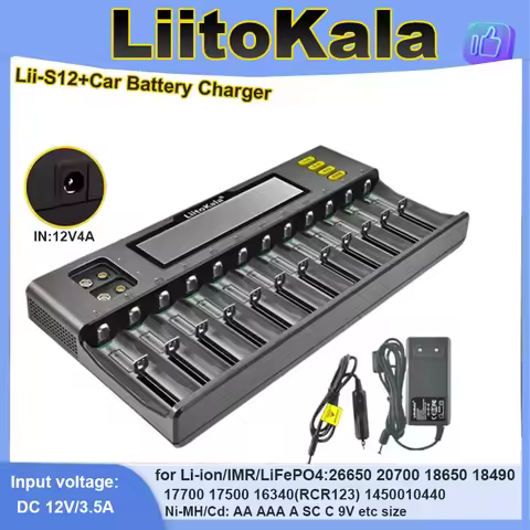 1-5pcs LiitoKala Battery Charger Lii-S12+Car LCD Display for 21700 12 Slot 1.2V 3.2V 3.7V IMR NiMH/C