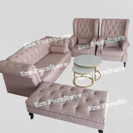 Percuma Meja Kopi Sofa Kain Berkusyen Tebal Berlilit Butang 3 Seater + 1 Seater + 1 Seater + 1 Stool