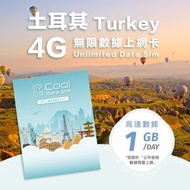 Cool Data Sim - 土耳其 4G Sim card 上網卡 - 每日高速數據 【1GB】 後降速至 128kbps【1天】