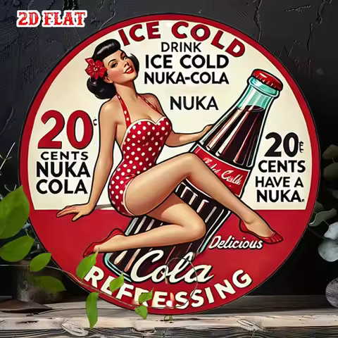 2D Flat, 1pc Retro Pin-Up 7.87x7.87 Round Aluminum Sign - Vintage Nuke Cola Ice Cold Drink Metal Tin