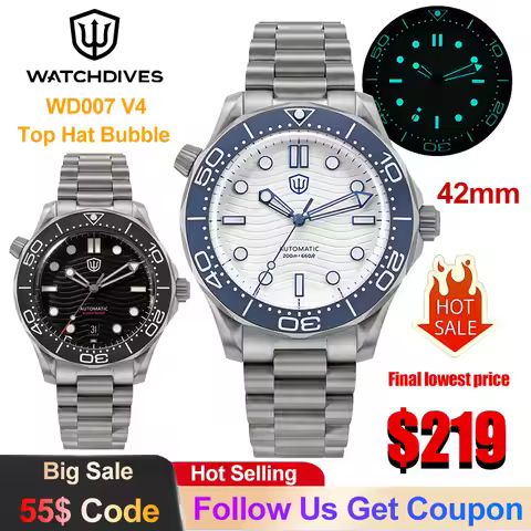 Watchdives WD007 V4 Mechanical Watch 42mm Grade 2 Titanium Top Hat Bubble Sapphire Crystal Men Watch